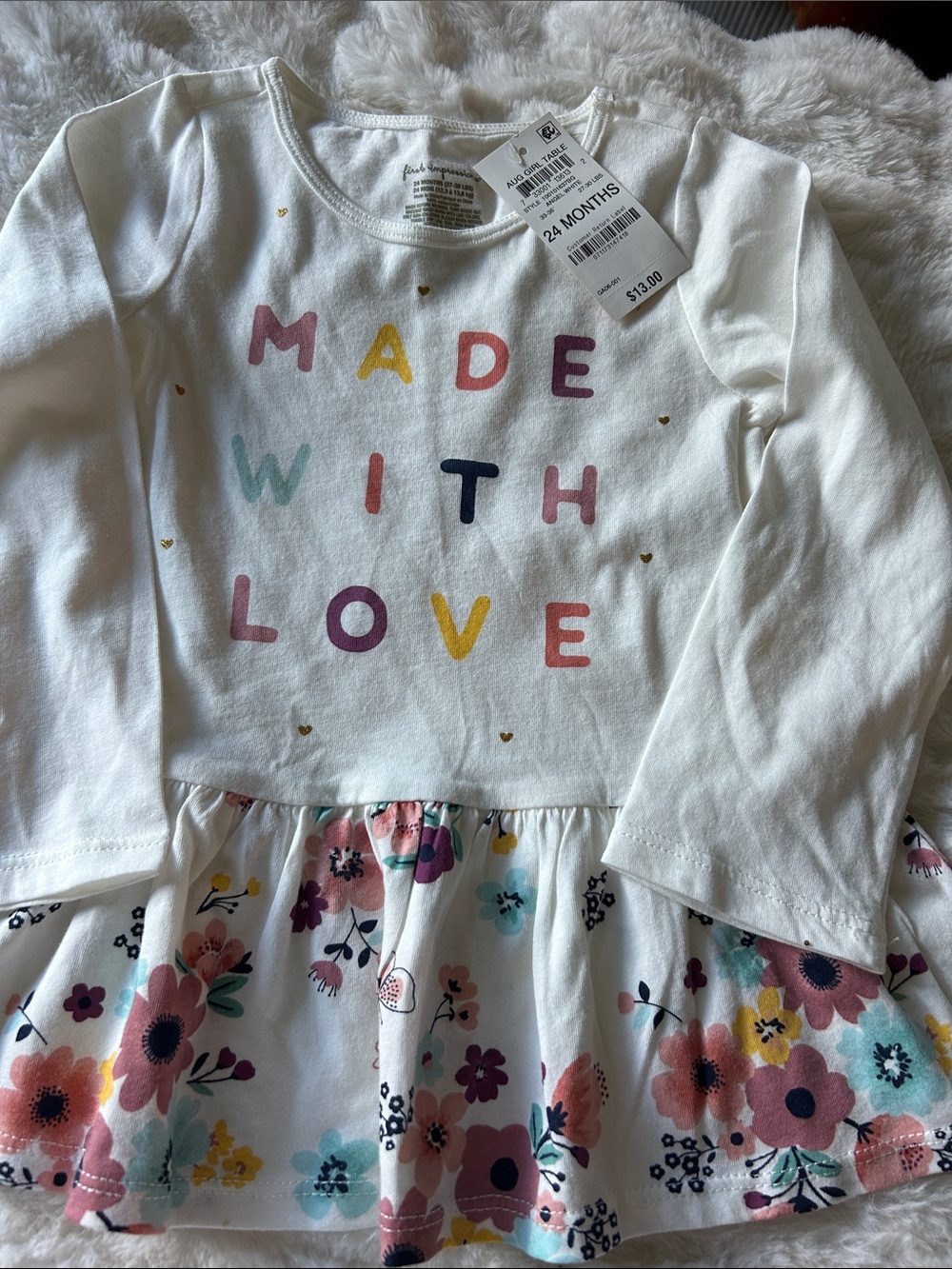 First Impressions White Kids Top with Multicolor Lettering
